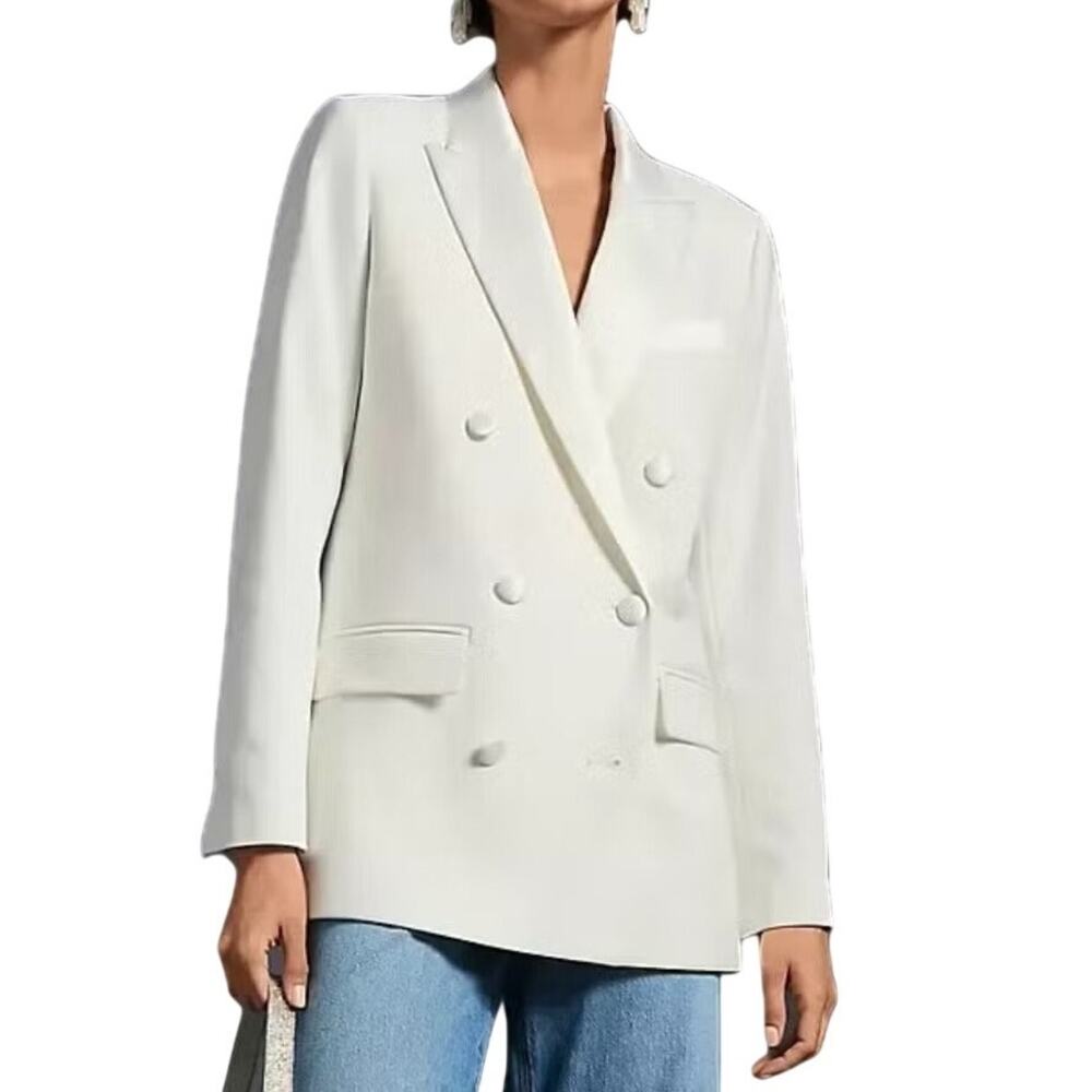 Women's Loft White Double Breasted Satin Trim Tuxedo Blazer Jacket